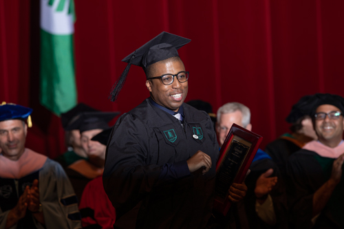 Lamar Polk MPH '19 receives the Henry Masters award in recognition of his efforts around promoting social justice and health equity. Polk is the assistant director of planning and development for priority populations at the Massachusetts Department of Public Health.